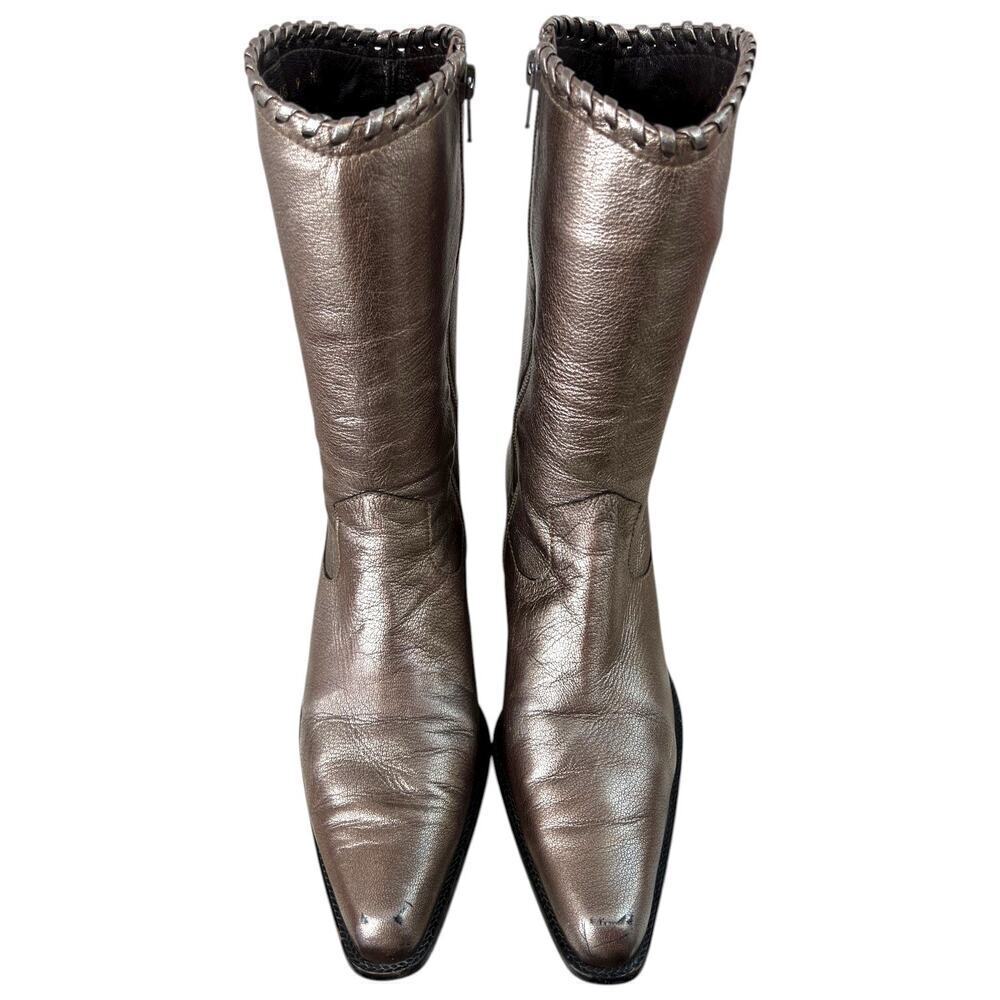 Stuart Weitzman Metallic Leather Braided Trim Mid-Calf Western Style Boots 9M